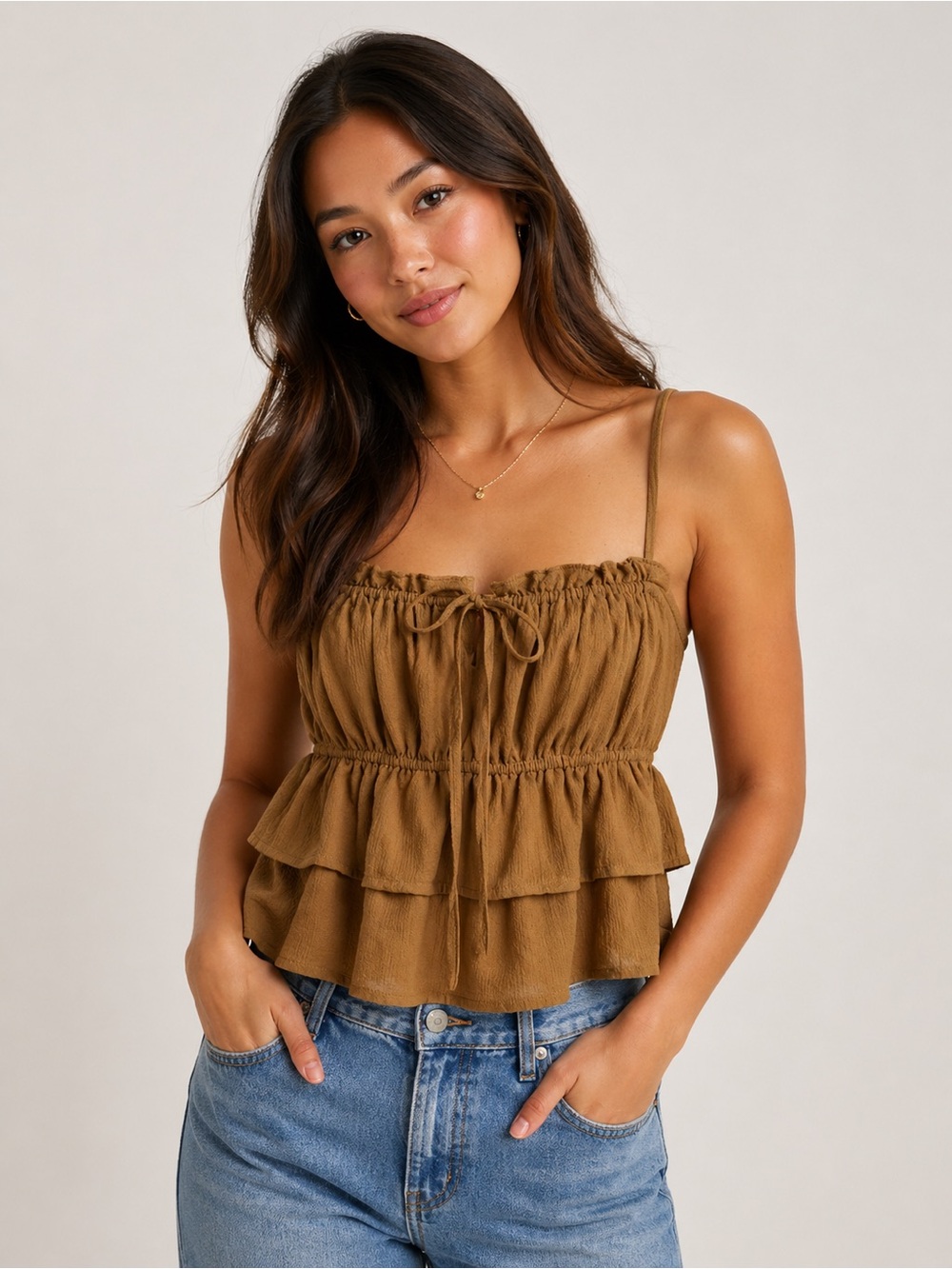 Ruffle Crop Top M Camel Y2K Boho Festival Tiered Spaghetti Summer Minimalist